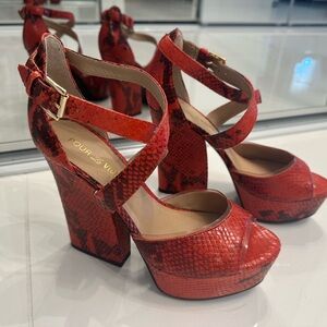 Pour La Victiore red snakeskin wedge sandals